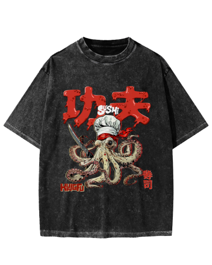 Kung Fu Sushi Japanese Vintage Washed T-shirt-Zazasy