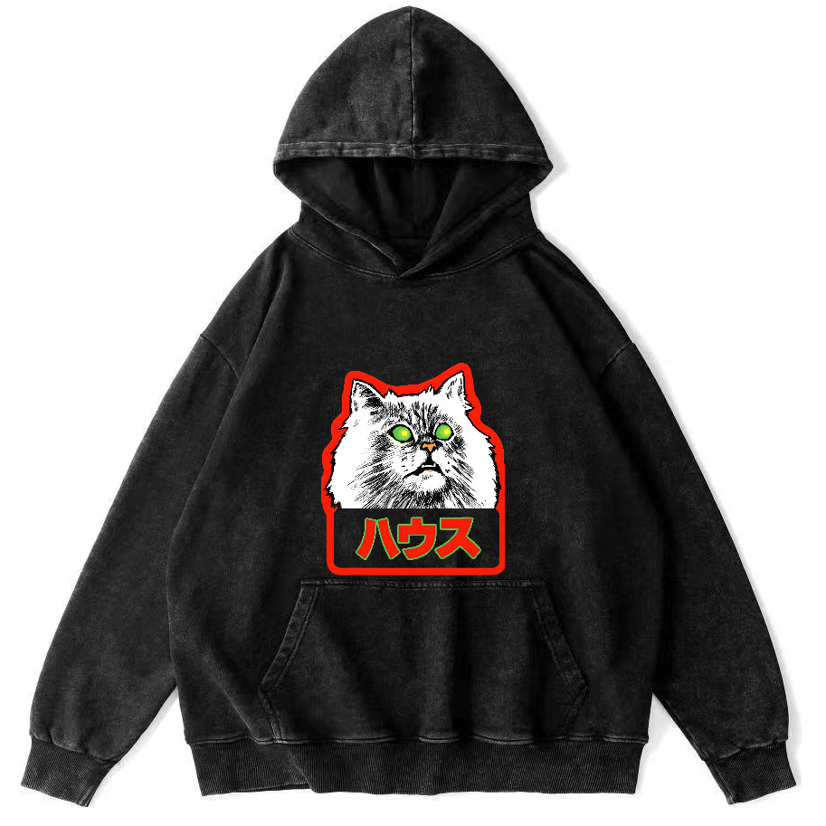 Residential White Cat Japanese Washed Hoodie-Zazasy
