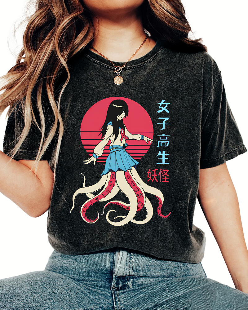 Abstract Octopus Character Japanese Style Vintage Distressed T-shirt-Zazasy