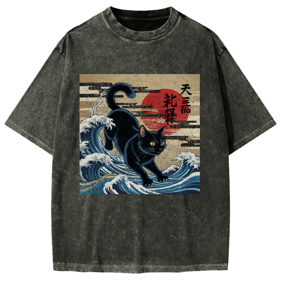 Japanese Wave Cat Vintage Washed T-shirt