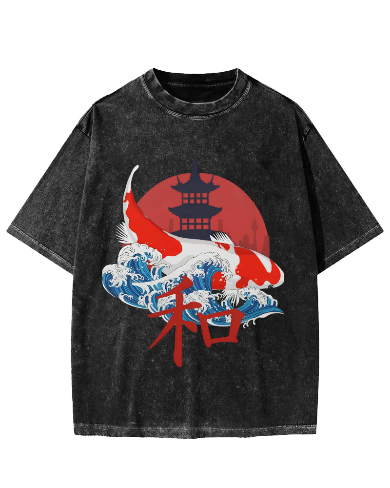 Japanese Style Koi Fish Vintage Distressed T-shirt-Zazasy