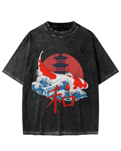 Japanese Style Koi Fish Vintage Distressed T-shirt-Zazasy
