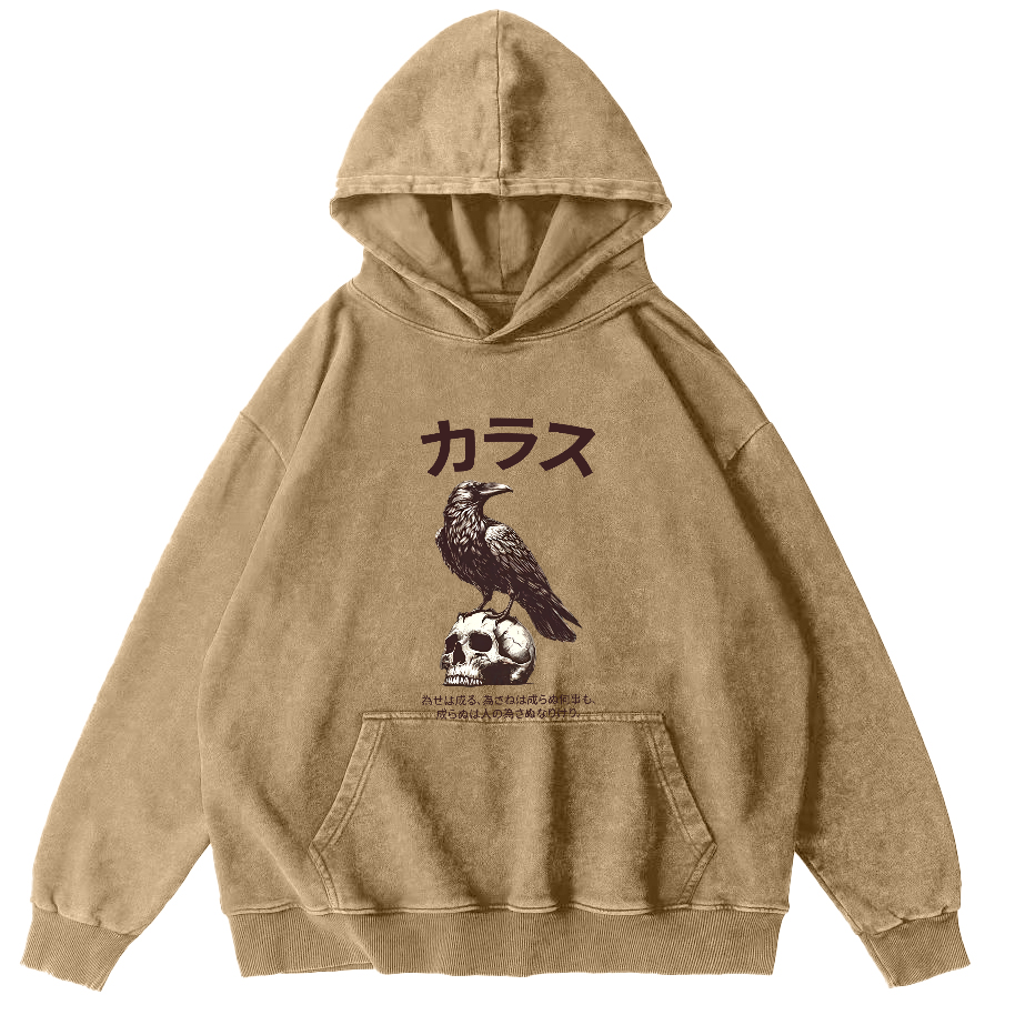 Crow Pattern Japanese Style Vintage Distressed Hoodie-Zazasy