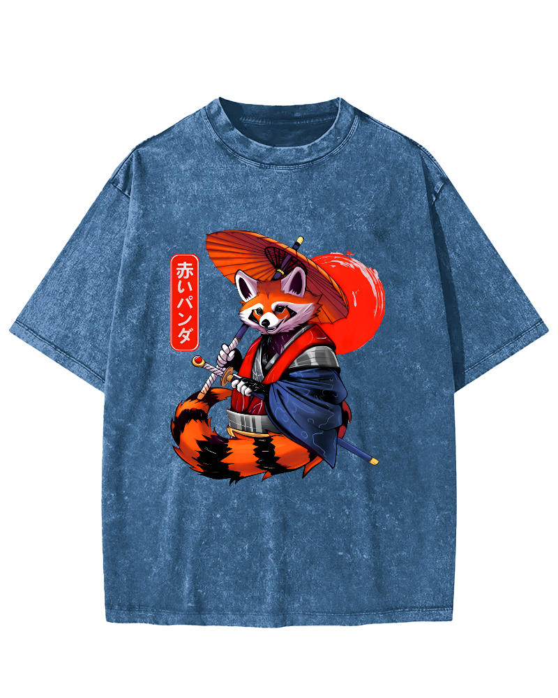 Japanese Red Fox Warrior Vintage Washed T-shirt-Zazasy