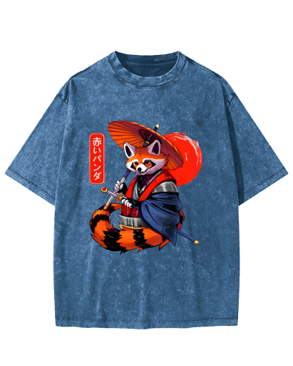 Japanese Red Fox Warrior Vintage Washed T-shirt-Zazasy
