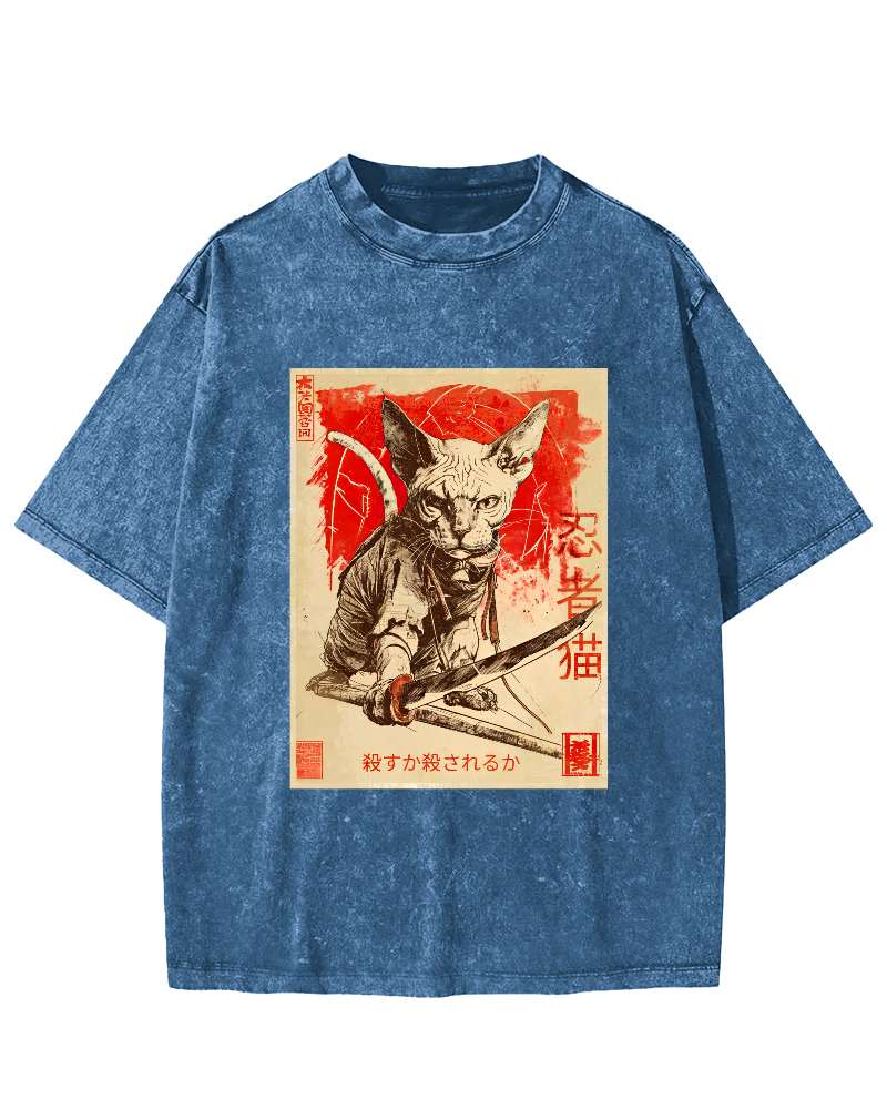 Retro Samurai Cat Japanese Style Vintage Distressed T-shirt-Zazasy
