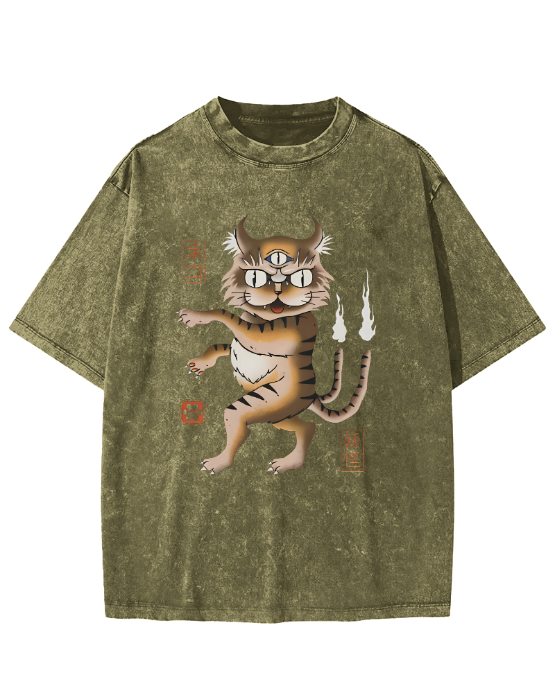 Cat Monster Japanese Vintage Washed T-shirt-Zazasy