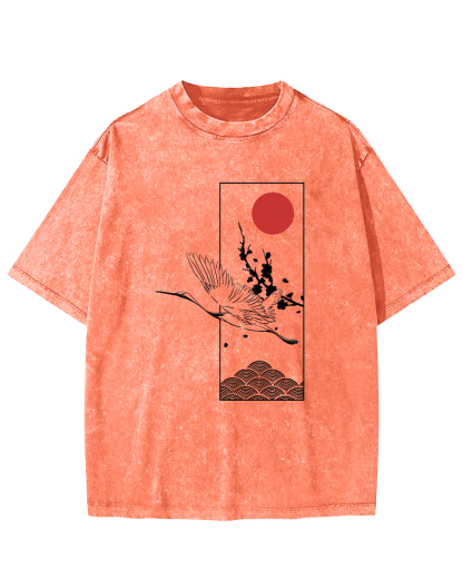 Japanese Sunrise Flying Crane Pattern Vintage Distressed T-shirt-Zazasy