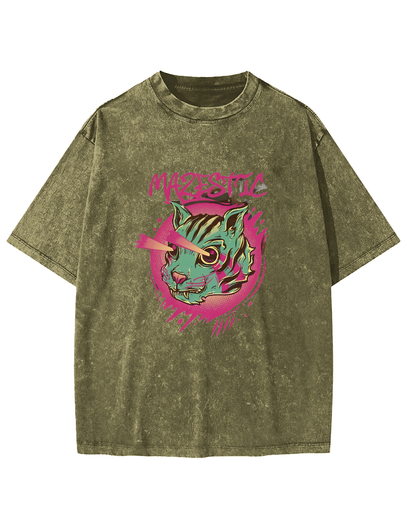 Retro Cat Pattern Vintage Distressed T-shirt-Zazasy