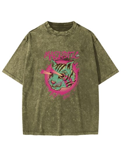 Retro Cat Pattern Vintage Distressed T-shirt-Zazasy
