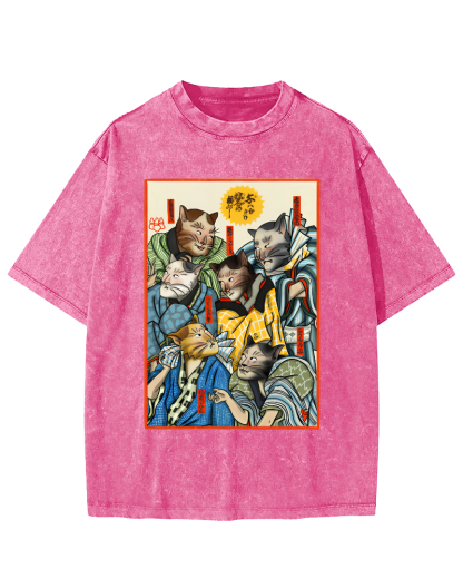 Japanese Samurai Cat Vintage Washed T-shirt-Zazasy