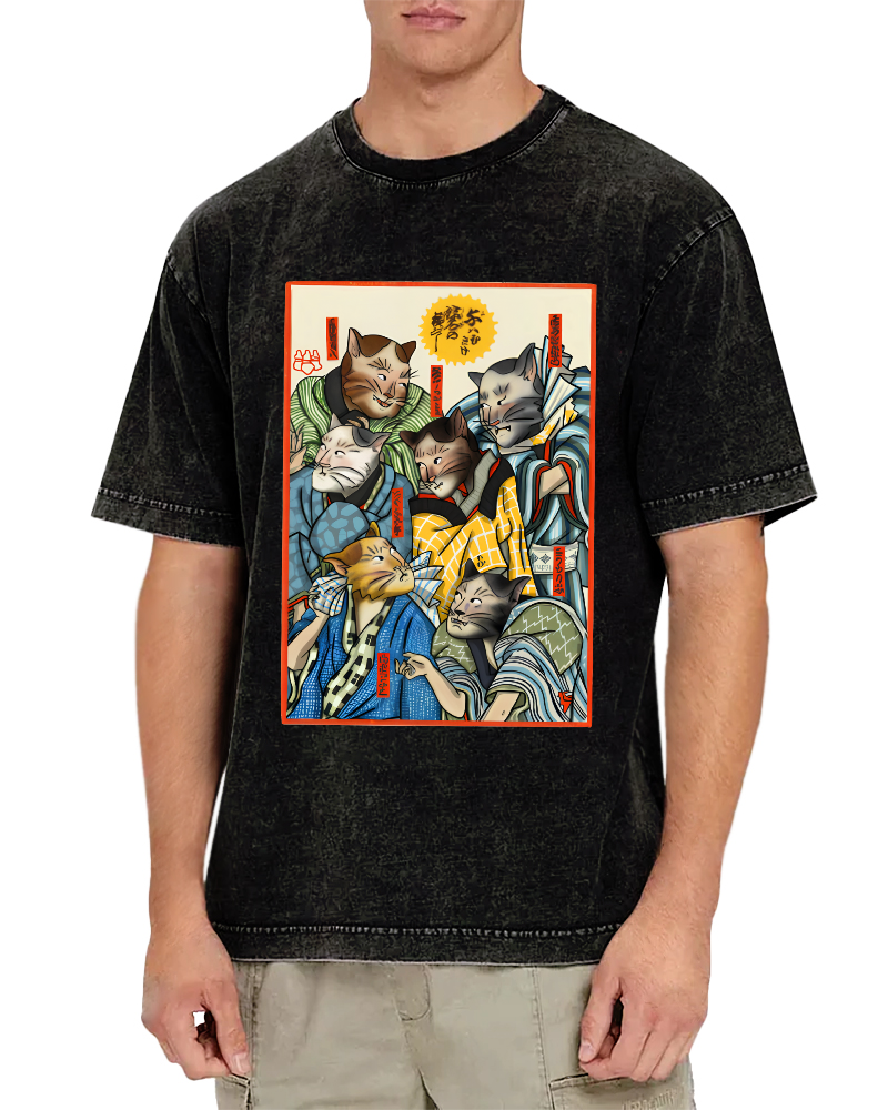 Japanese Samurai Cat Vintage Washed T-shirt-Zazasy