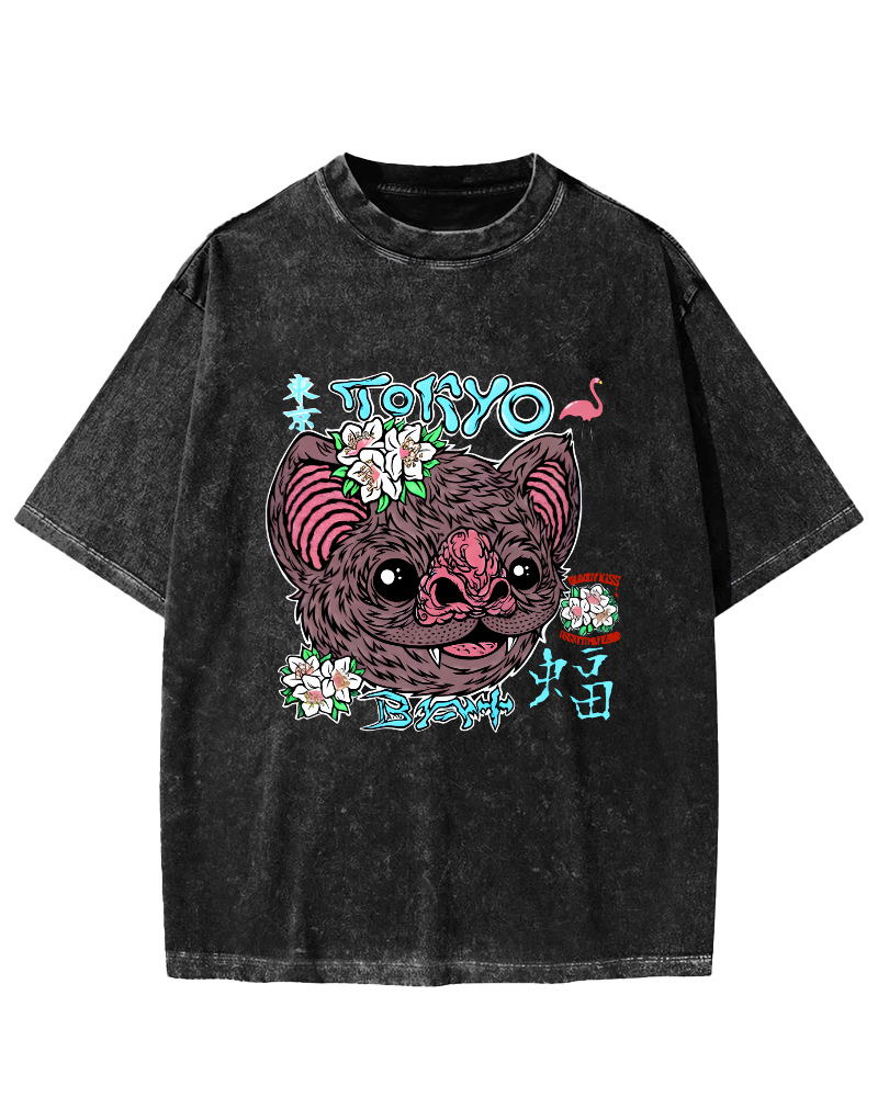 Tokyo Bat Vintage Washed T-shirt-Zazasy