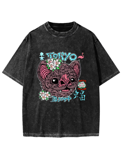 Tokyo Bat Vintage Washed T-shirt-Zazasy