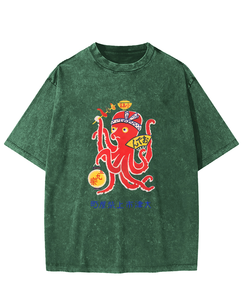 Japanese Octopus Pattern Vintage Distressed T-shirt-Zazasy
