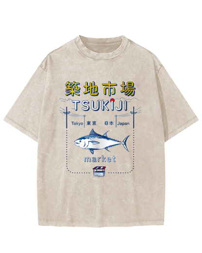 Tuna at the Tsukiji Market in Japan Vintage Washed T-shirt-Zazasy