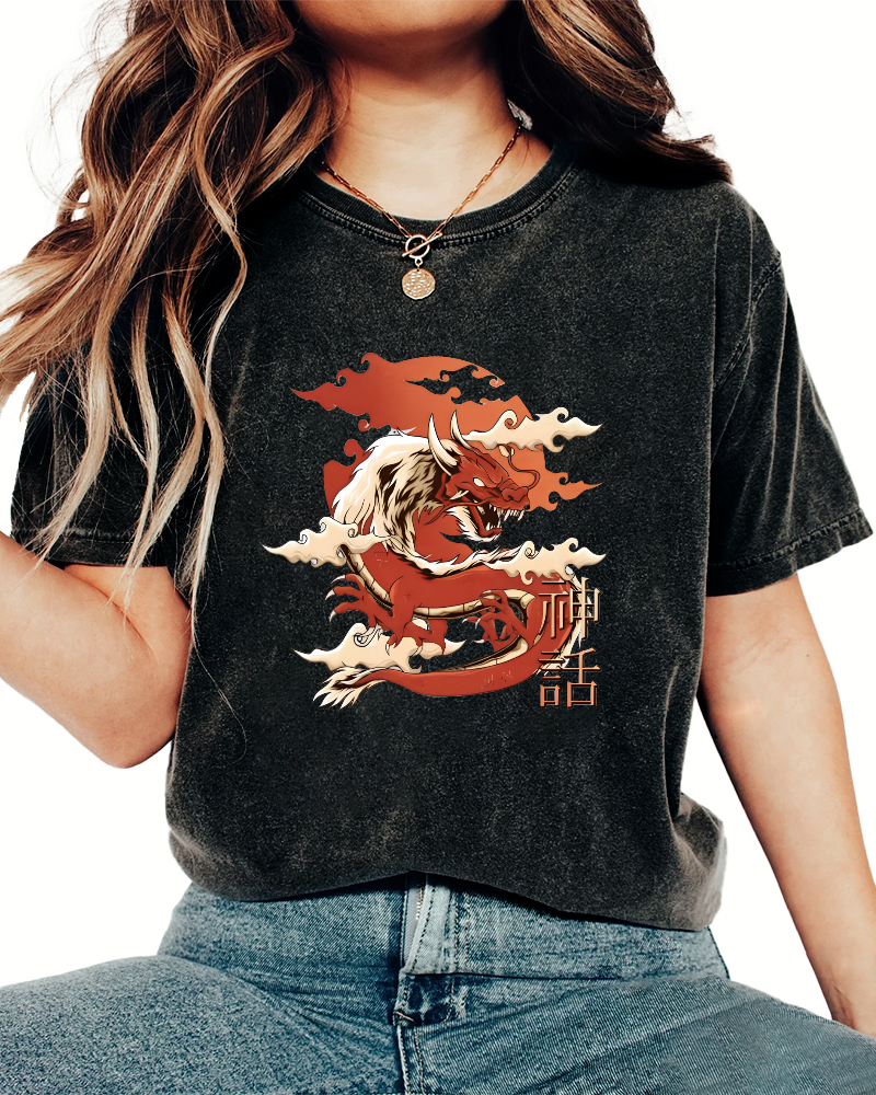 Japanese Dragon Pattern Vintage Distressed T-shirt-Zazasy