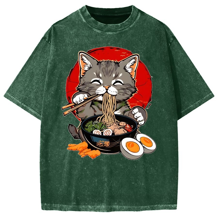 Japanese Anime Cat Eating Ramen Vintage Washed T-shirt