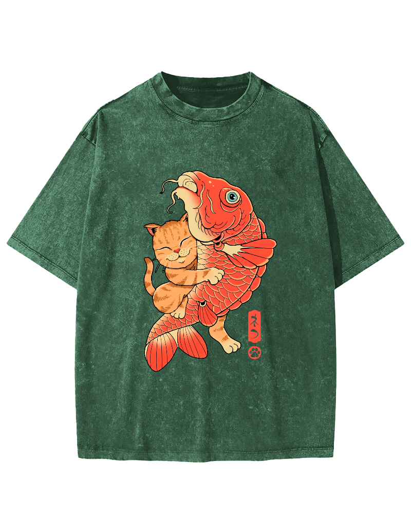 Japanese Style Cat Holding Koi Fish Vintage Distressed T-shirt-Zazasy