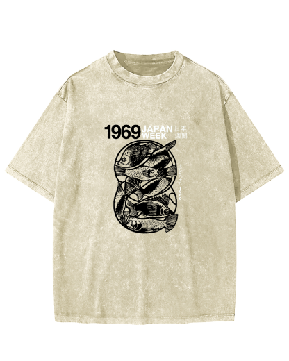 Japanese Script Fish Pattern Vintage Distressed T-shirt-Zazasy