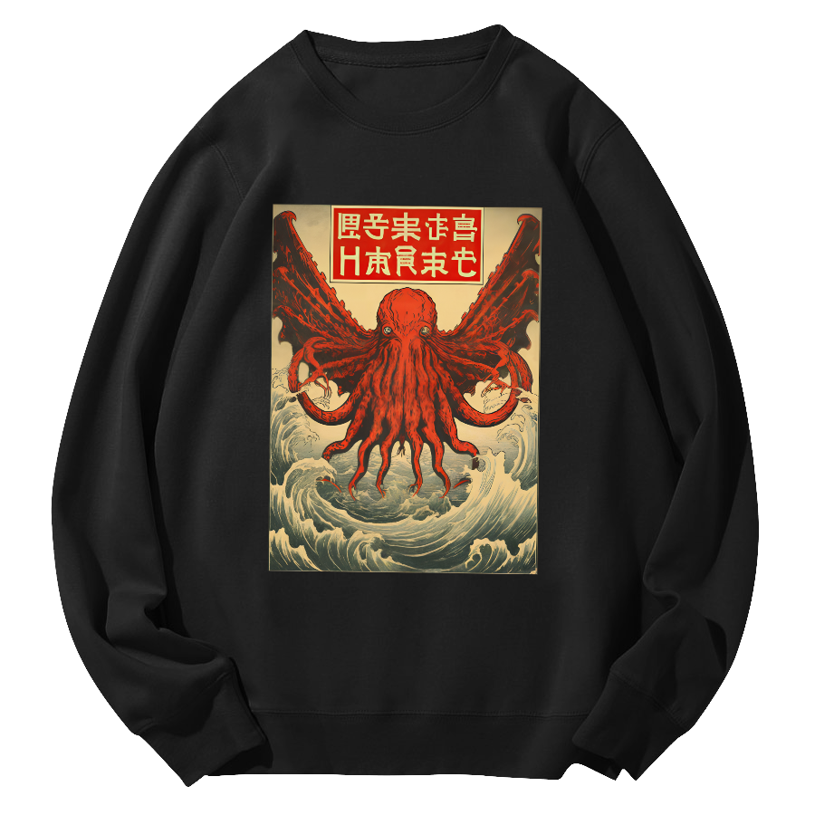 The Japanese style octopus monster in the huge waves Round Neck Sweatshirt-Zazasy
