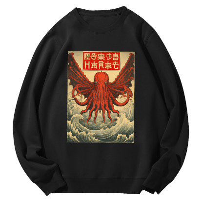 The Japanese style octopus monster in the huge waves Round Neck Sweatshirt-Zazasy