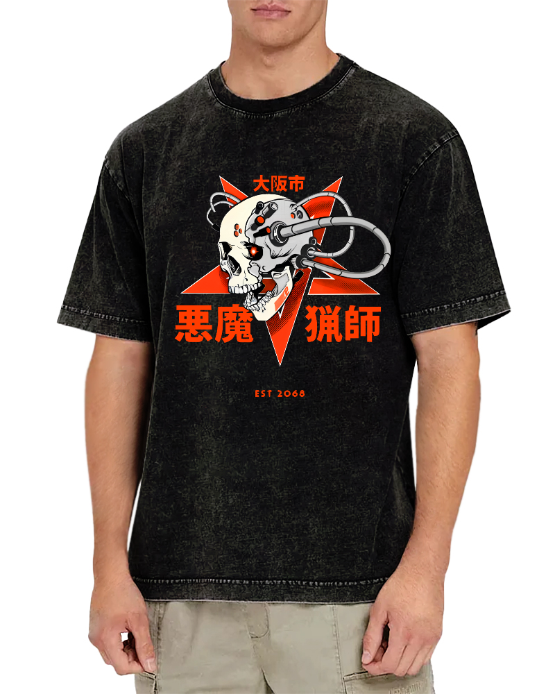 Japanese Style Demon Skull Pattern Vintage Distressed T-shirt-Zazasy