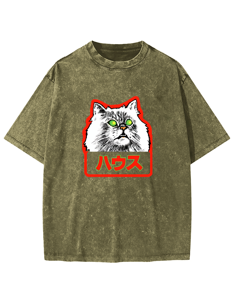 Residential White Cat Japanese Washed T-Shirt-Zazasy