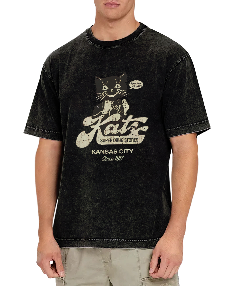 Retro Cat Pattern Japanese Washed T-shirt-Zazasy