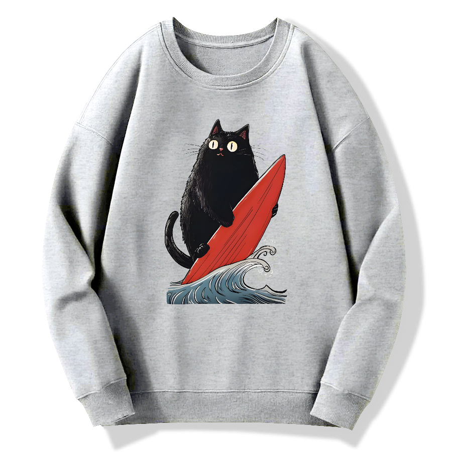 Black Cat Surfer Cotton Pullover Sweatshirt