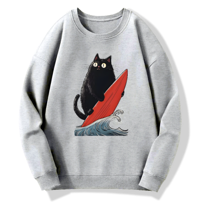 Black Cat Surfer Cotton Pullover Sweatshirt