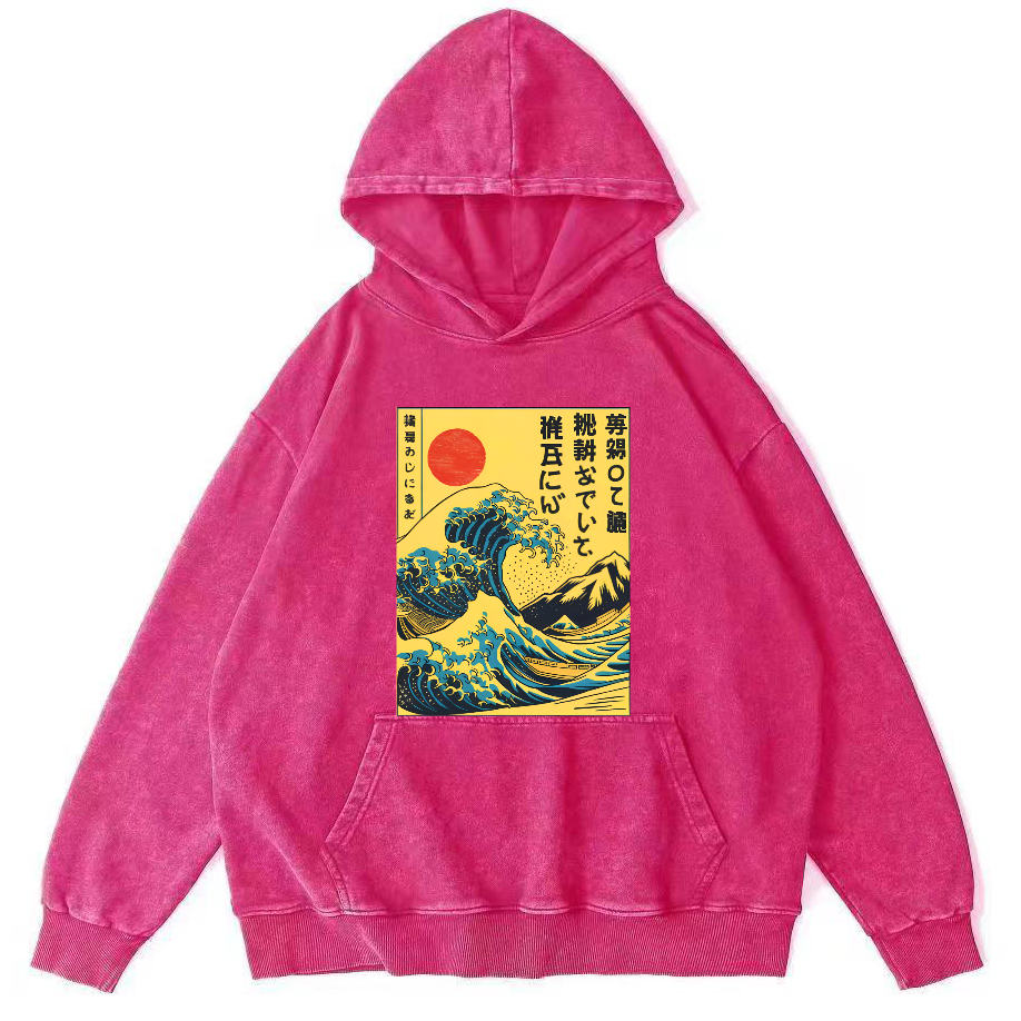 Edo Period Wave Scenery Japanese Style Vintage Washed Hoodie-Zazasy