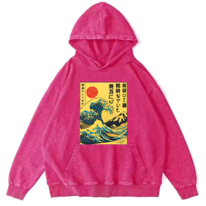 Edo Period Wave Scenery Japanese Style Vintage Washed Hoodie-Zazasy