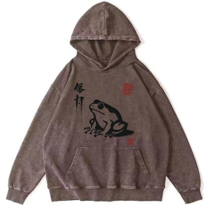 Frog Pattern Japanese Style Vintage Distressed Hoodie-Zazasy