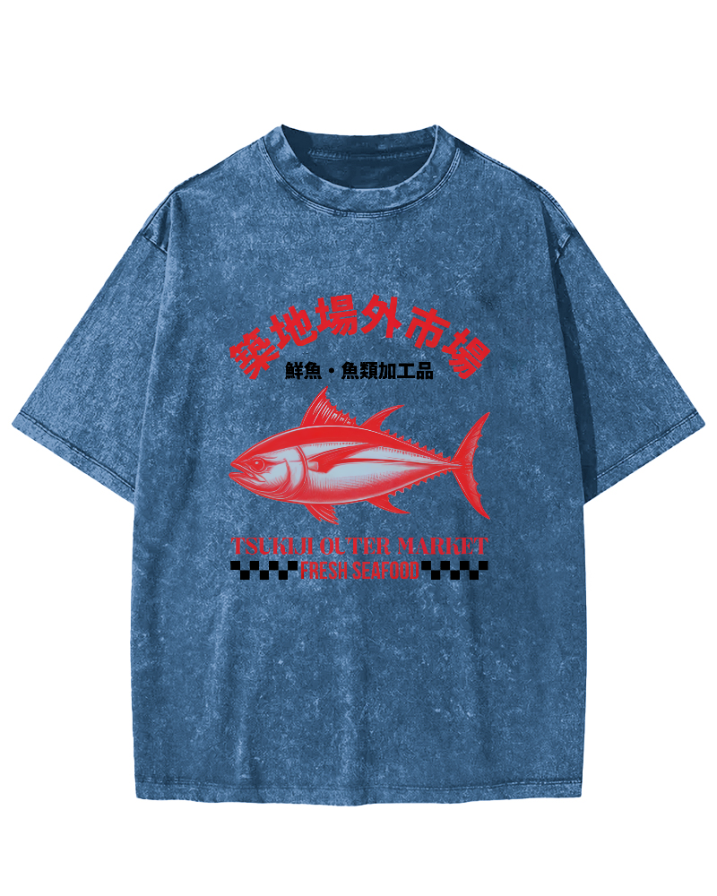 Japanese Sea Fish Script Vintage Distressed T-shirt-Zazasy