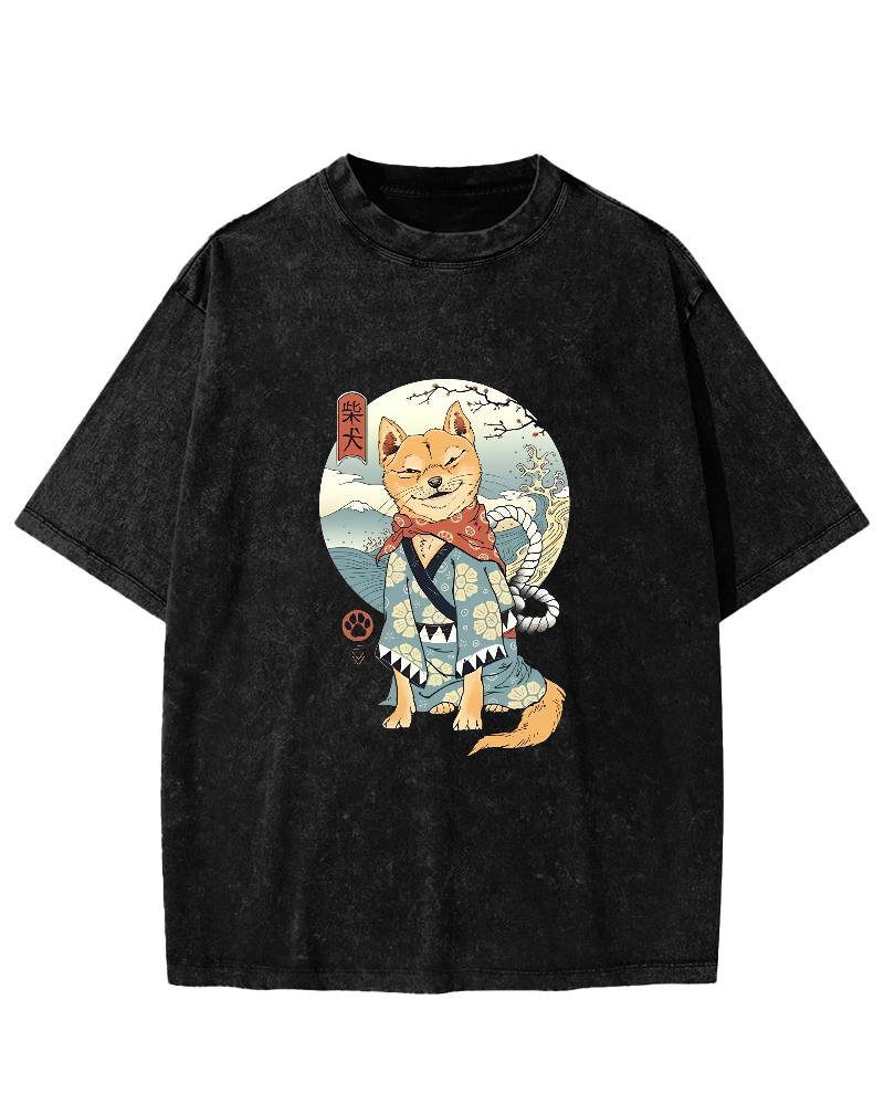 Samurai Shiba Dog Japanese Washed T-Shirt-Zazasy