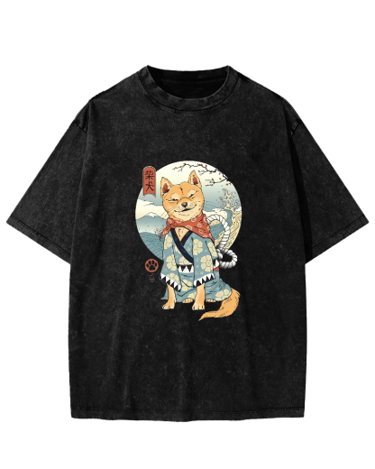 Samurai Shiba Dog Japanese Washed T-Shirt-Zazasy