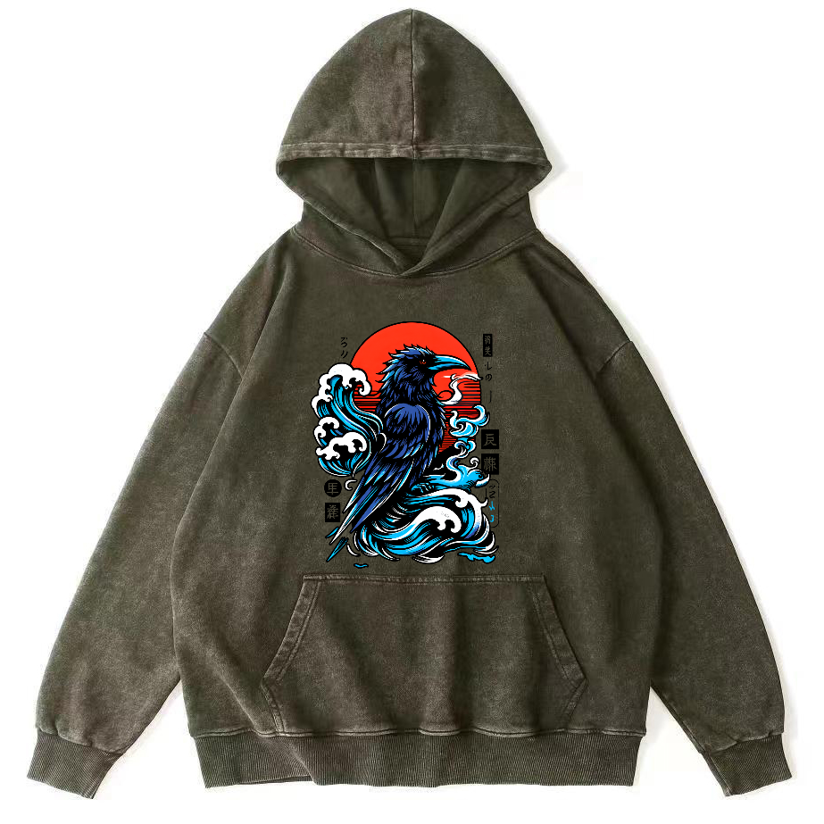 Crows In The Waves Vintage Distressed Hoodie-Zazasy