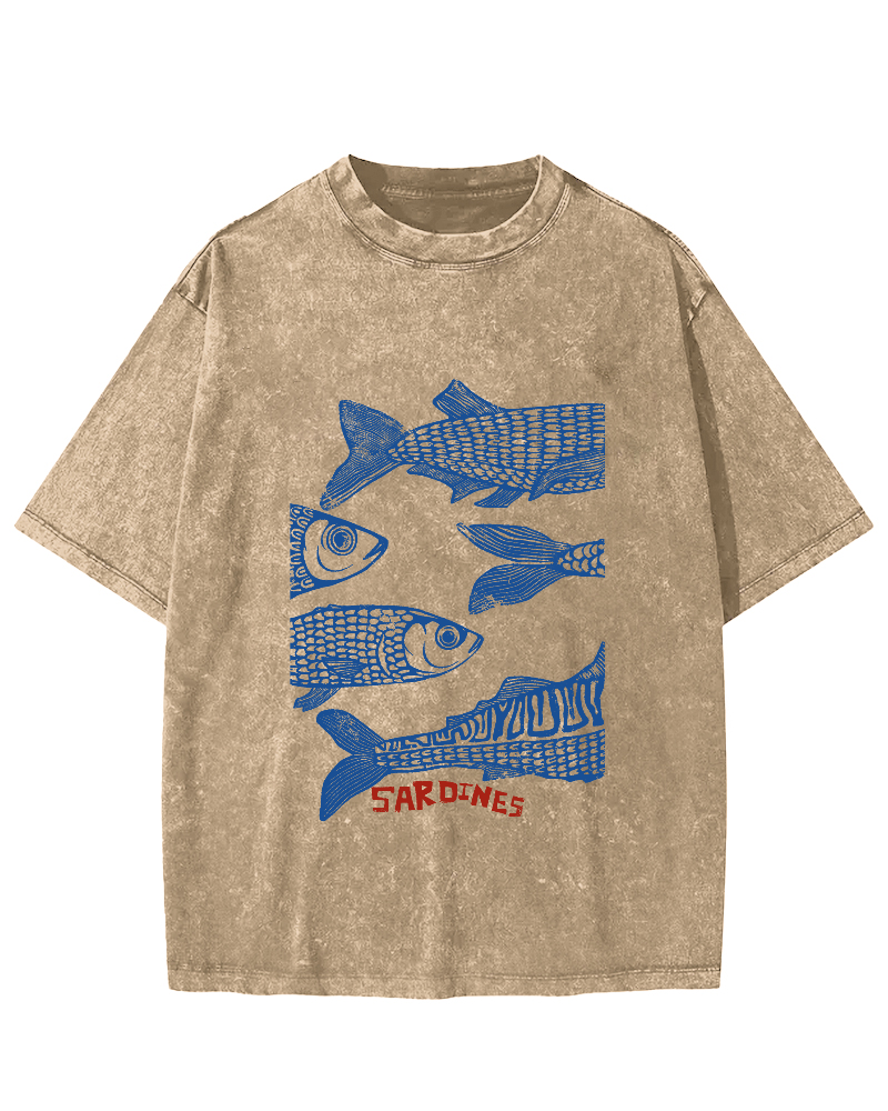Retro Sea Fish Pattern Vintage Distressed T-shirt-Zazasy