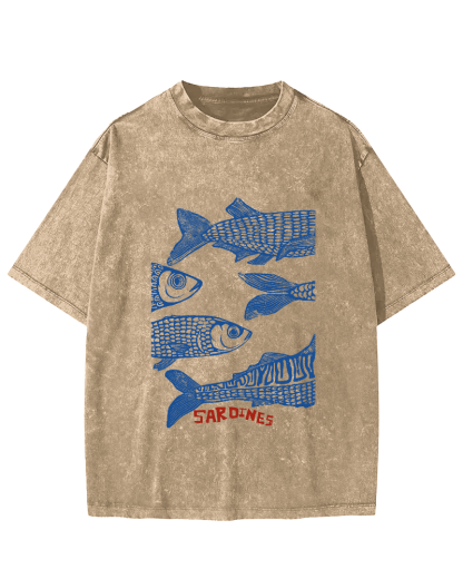 Retro Sea Fish Pattern Vintage Distressed T-shirt-Zazasy
