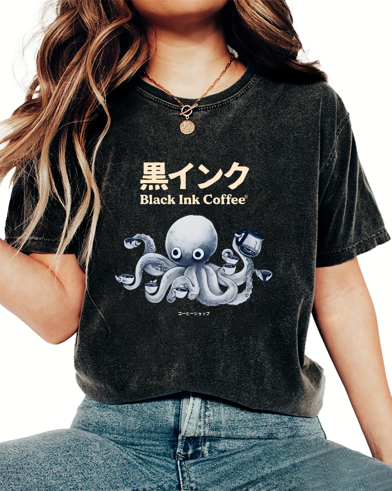 Japanese Octopus Pattern Leisure Vintage Distressed T-shirt-Zazasy