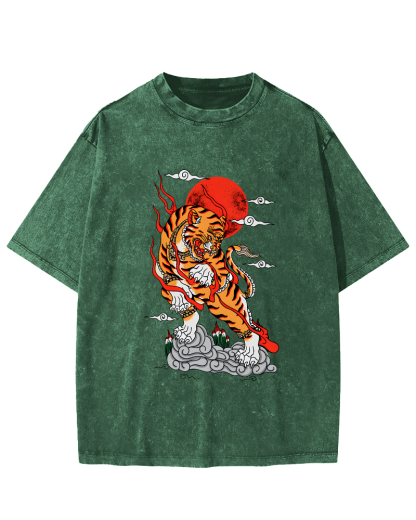Japanese Sunrise Tiger Pattern Vintage Distressed T-shirt-Zazasy