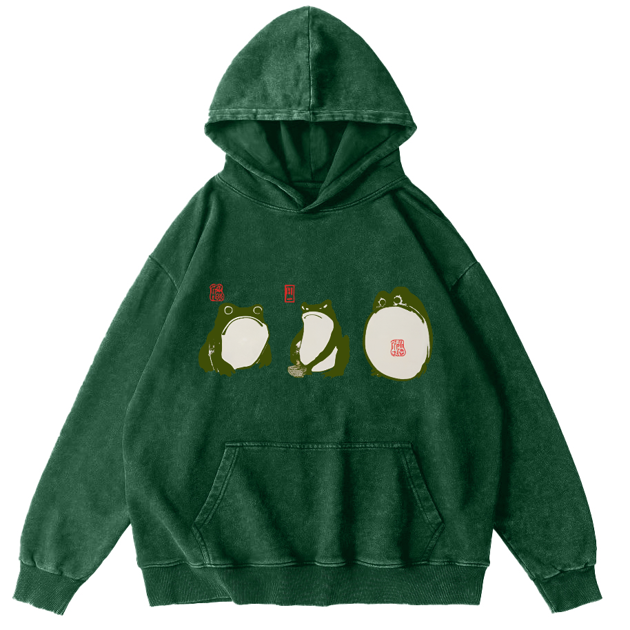Cute Frog Japanese Style Vintage Washed Hoodie-Zazasy