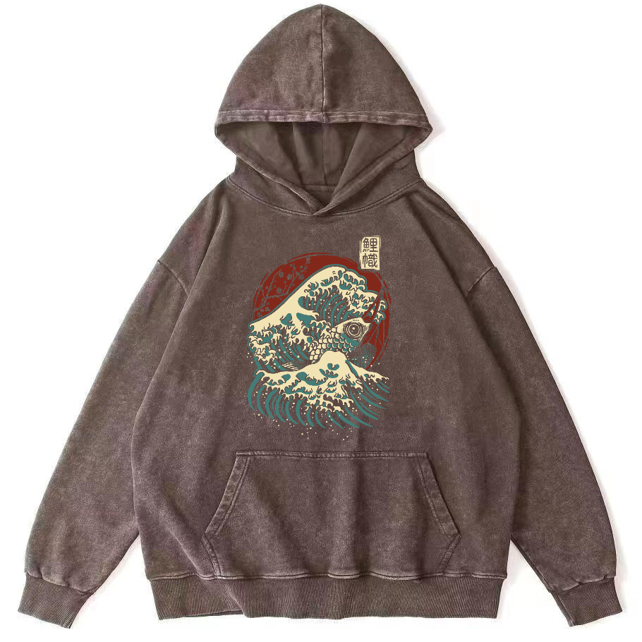 Koi in the Waves, Japanese Style Vintage Washed Hoodie-Zazasy