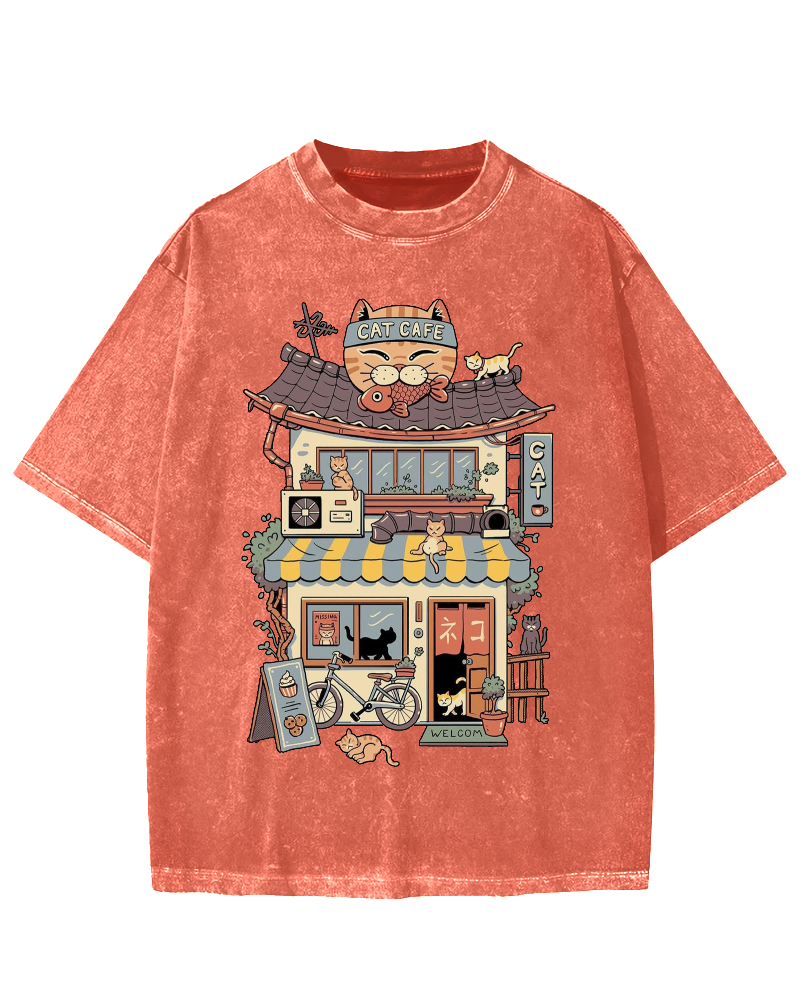 Japanese Cat Cafe Vintage Washed T-shirt