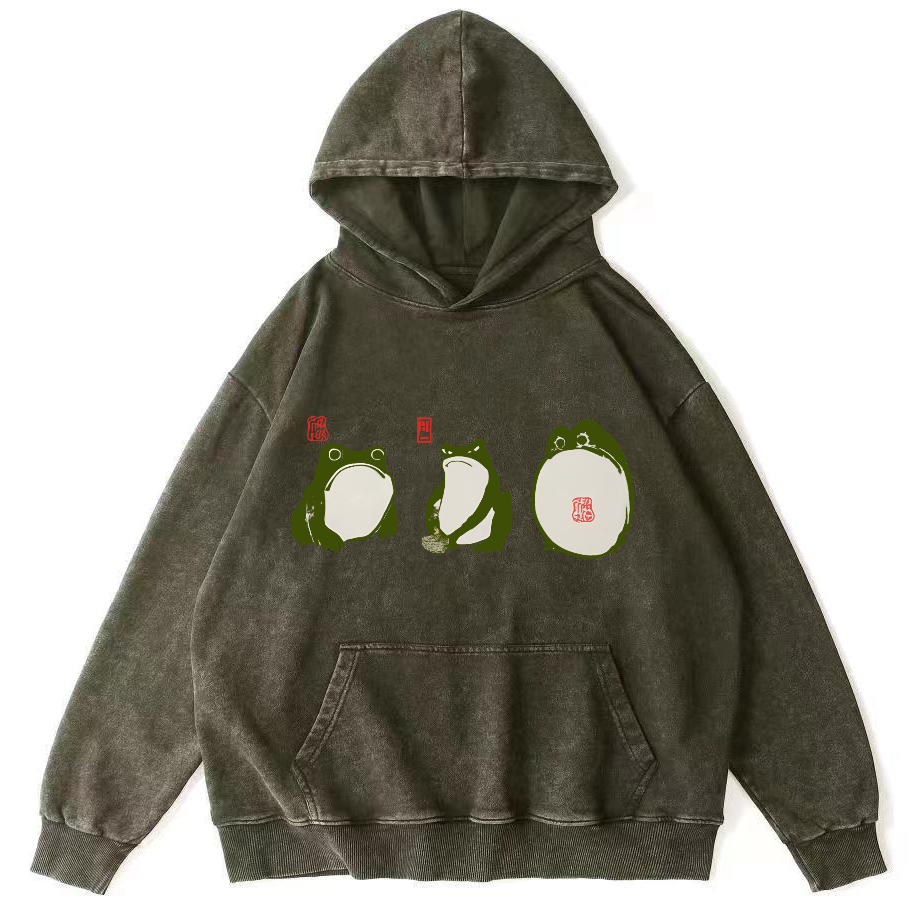Cute Frog Japanese Style Vintage Washed Hoodie-Zazasy
