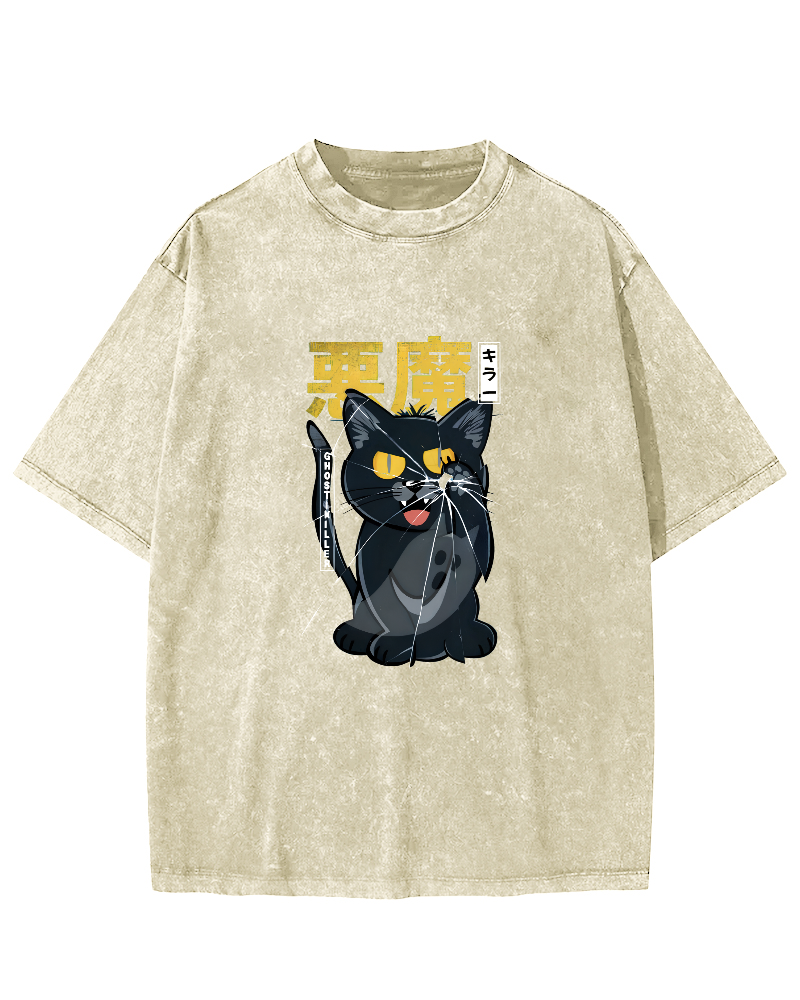 Retro Mischievous Cat Pattern Vintage Distressed T-shirt-Zazasy
