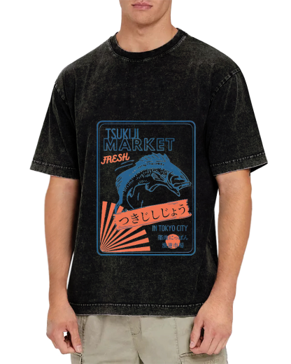 Tsukiji Seafood Market in Japan Vintage Washed T-shirt-Zazasy