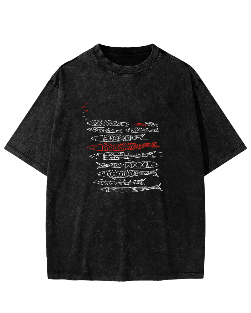 Retro Fish Pattern Vintage Distressed T-shirt-Zazasy
