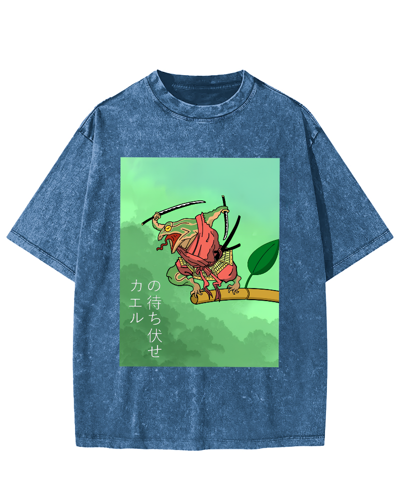 Frog Guardian Japanese Style Vintage Washed T-shirt-Zazasy